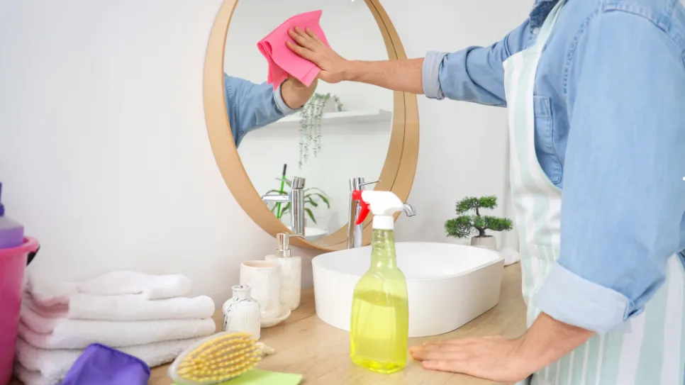 Nettoyage d’un miroir dans une salle de bain avec un produit ménager.