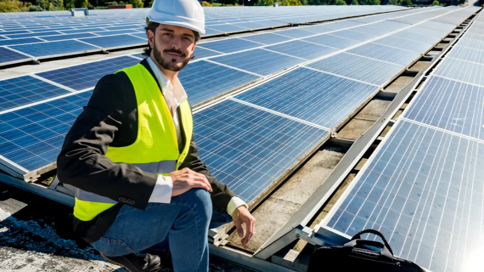 Technicien installant des panneaux solaires sur le toit d’un bâtiment.